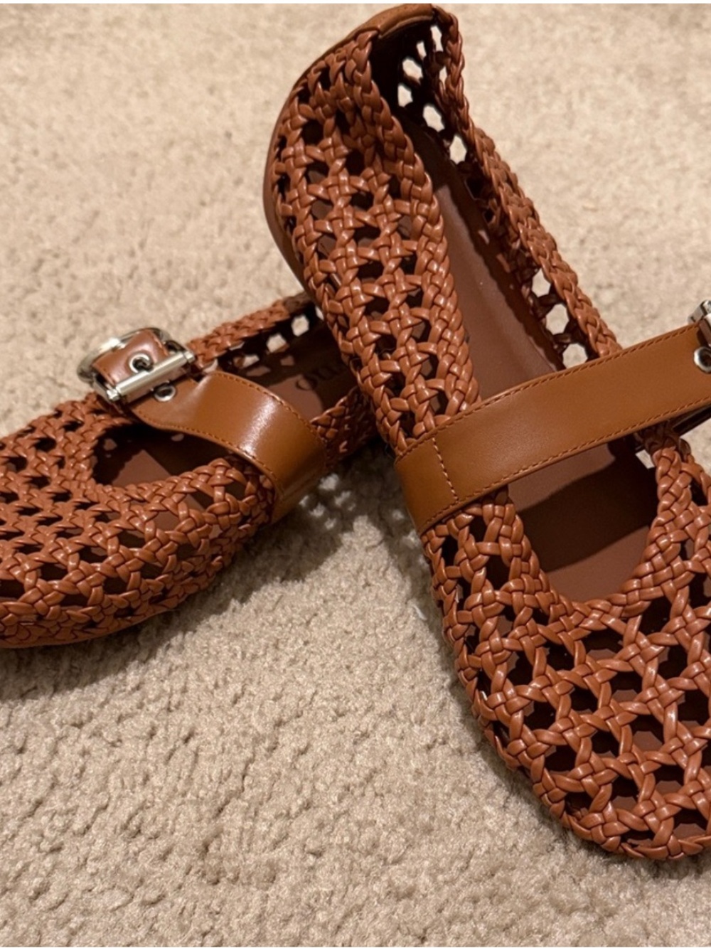 Woven Mary Jane Flats in Cognac Brown - Women